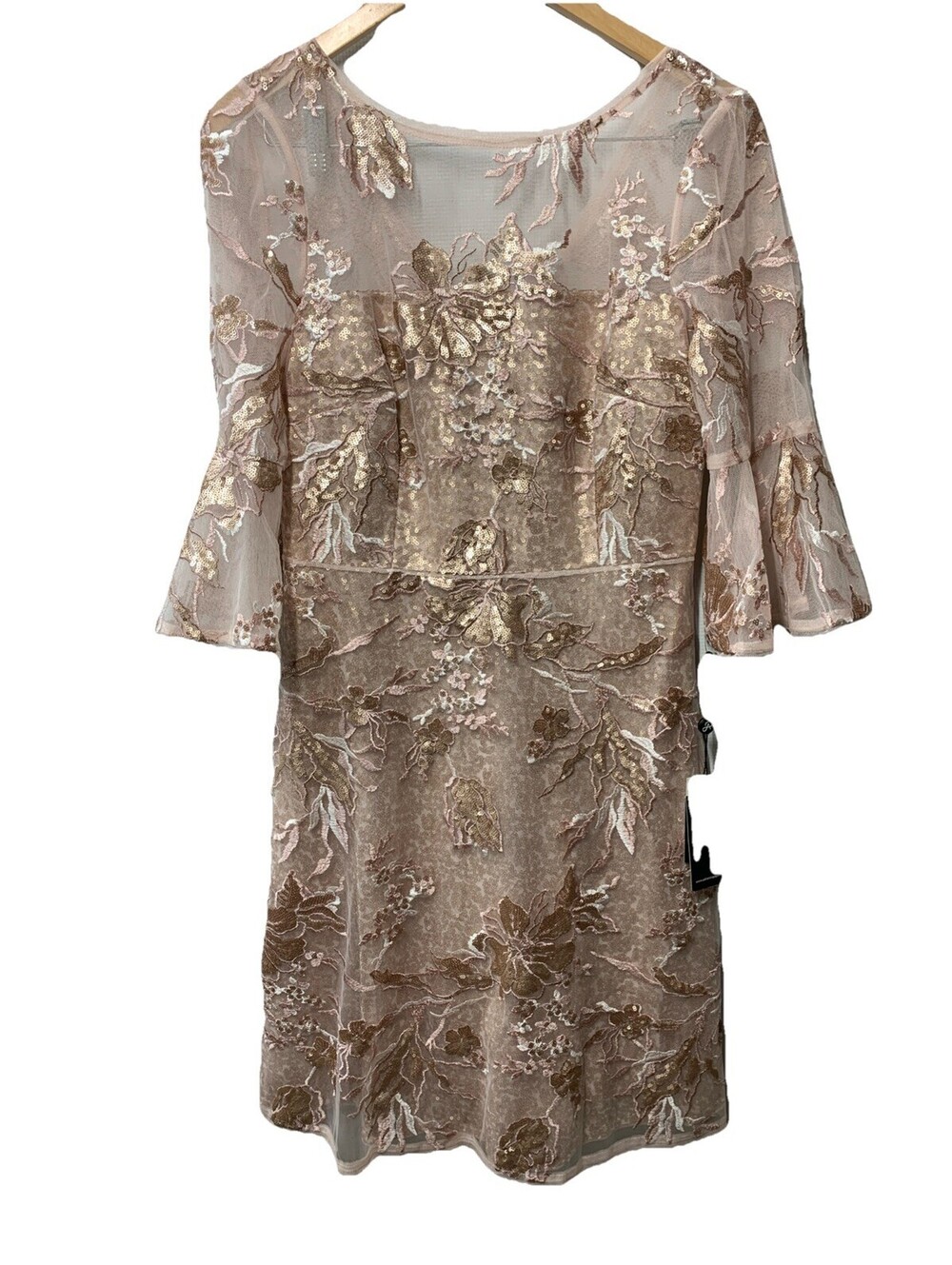 Adrianna Papell Blush Dress Floral Embroidered Bell Sleeve Wedding Formal Size 8